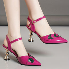 Women's Ankle Strap Slingback Pumps Heart Decor Pointed Toe Heels