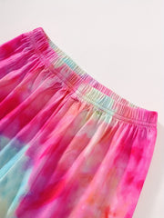 Girls' Pink Tie Dye Shorts Suit Drinks Pattern Short Sleeve T Shirt & Shorts Set