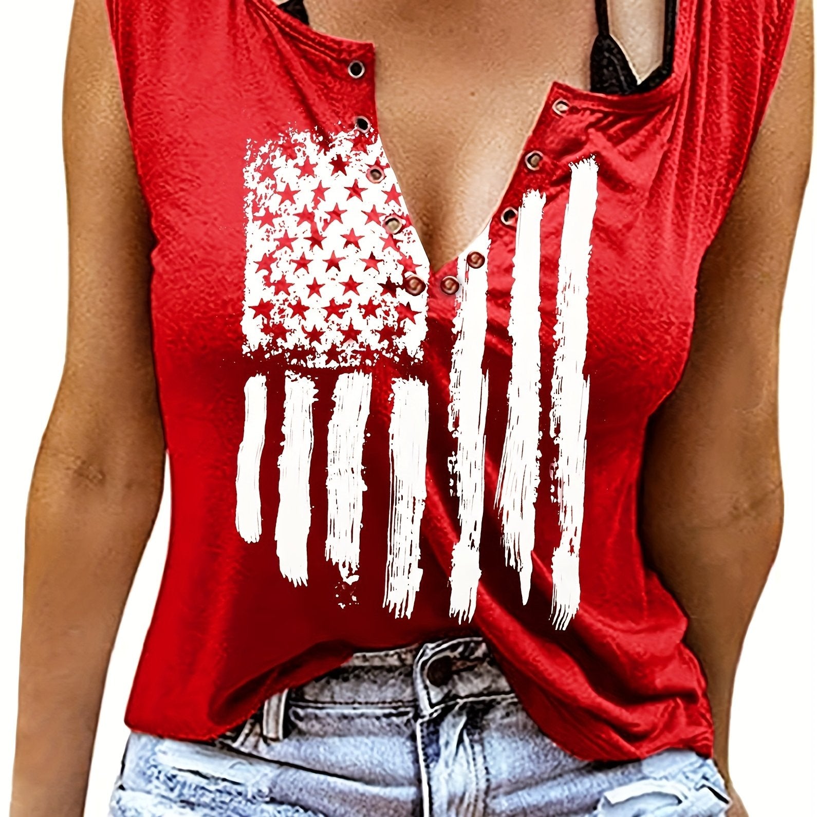 Flag Print Tank Top Women's Sleeveless V Neck Casual Top
