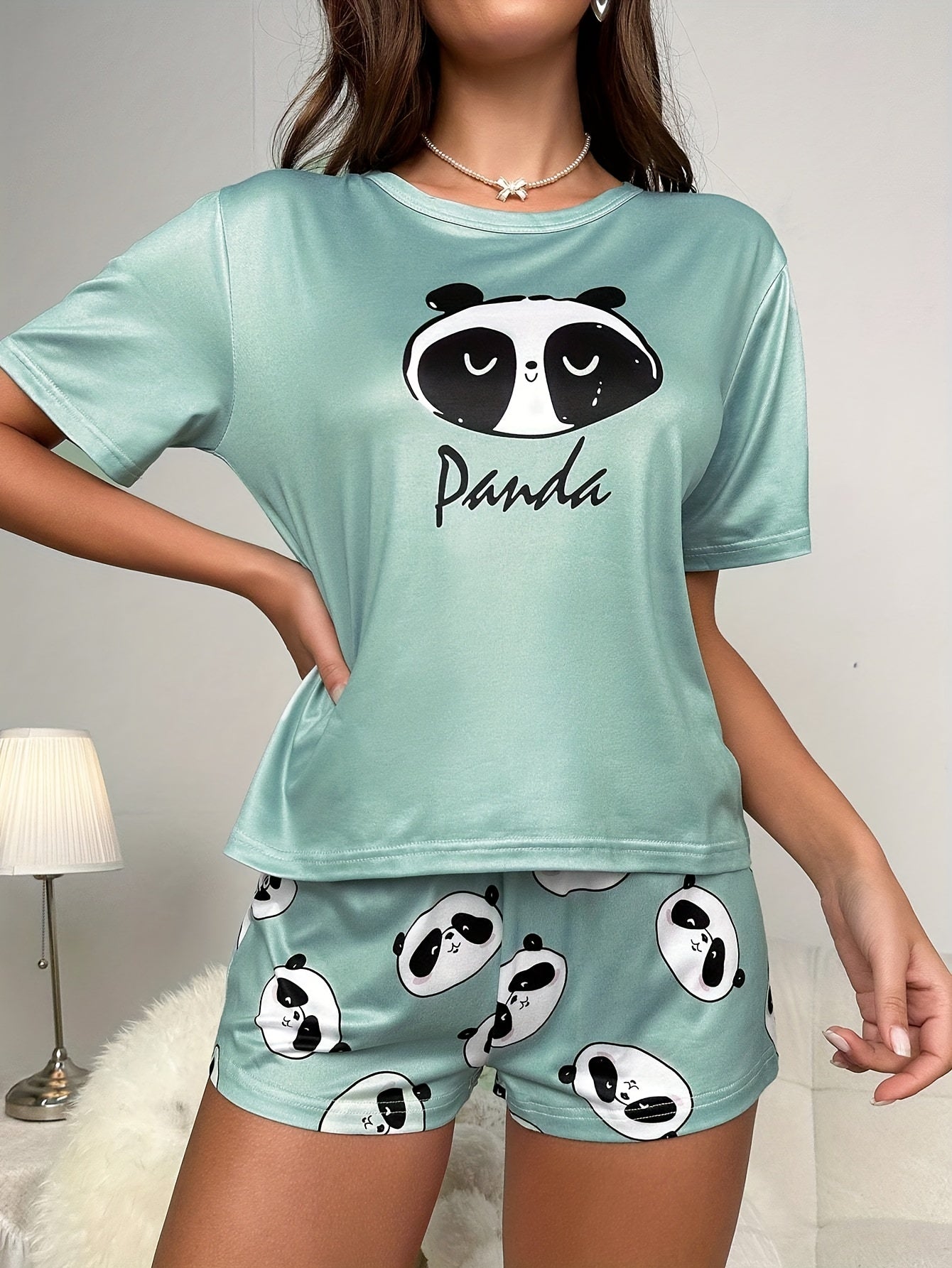 Panda Pajama Set Short Sleeve Top & Shorts Women's Sleepwear