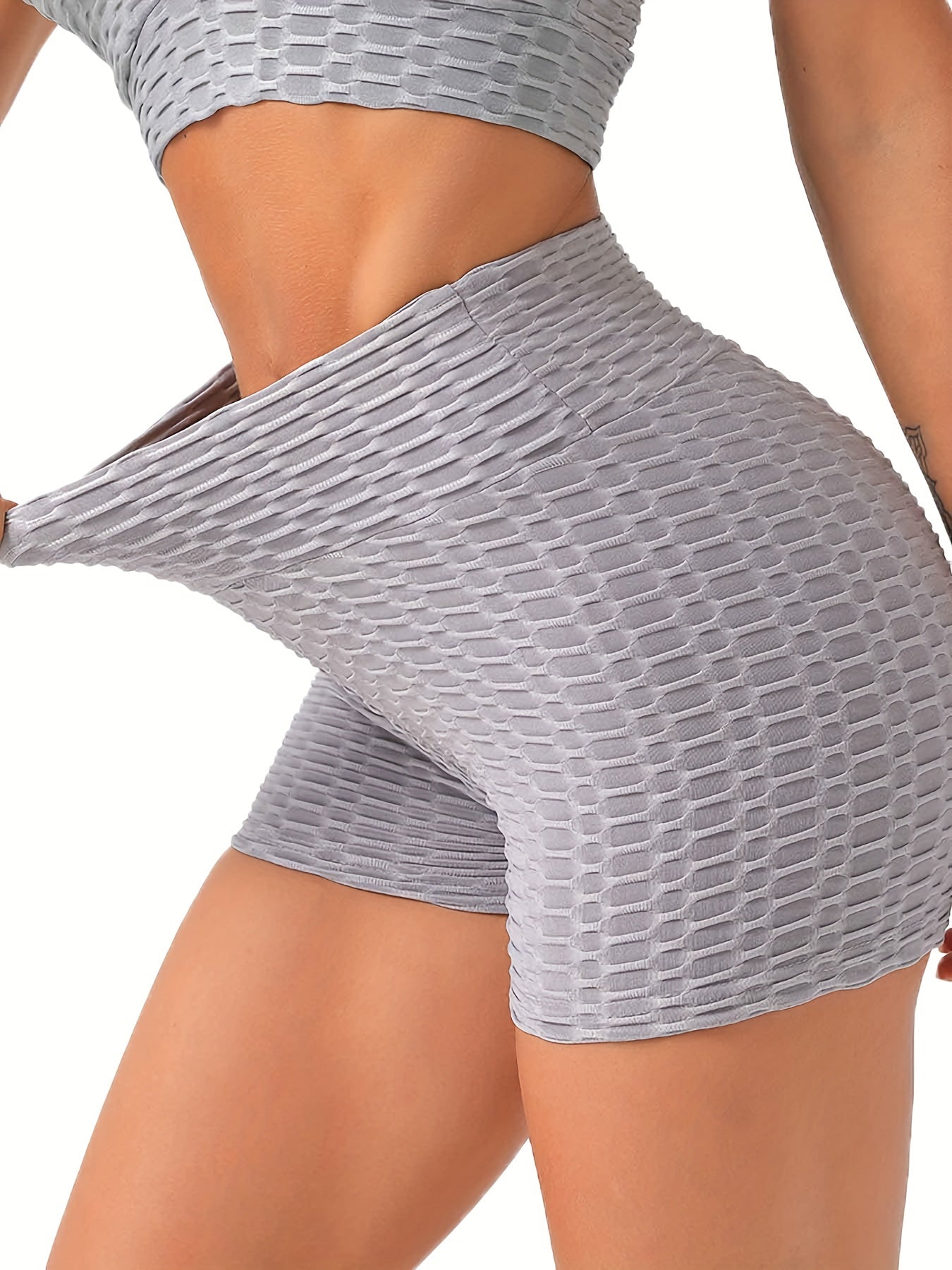 Seersucker Fabric Yoga Shorts Stretchy Honeycomb Sports Biker Short