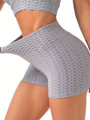 Seersucker Fabric Yoga Shorts Stretchy Honeycomb Sports Biker Short