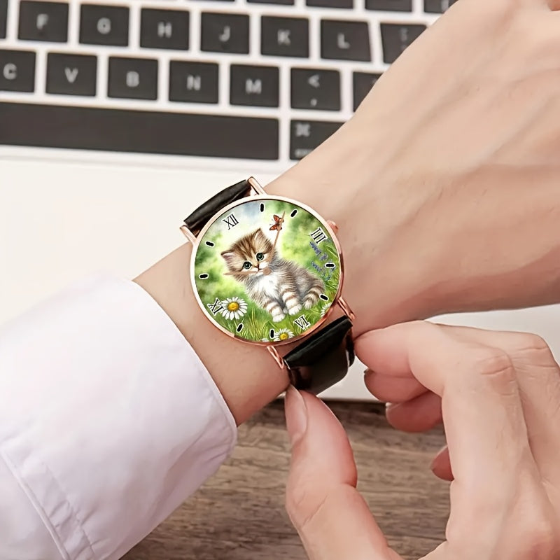 Unisex Kitten on Grass Analog Watch Minimalist Rose Golden Stainless Steel Band