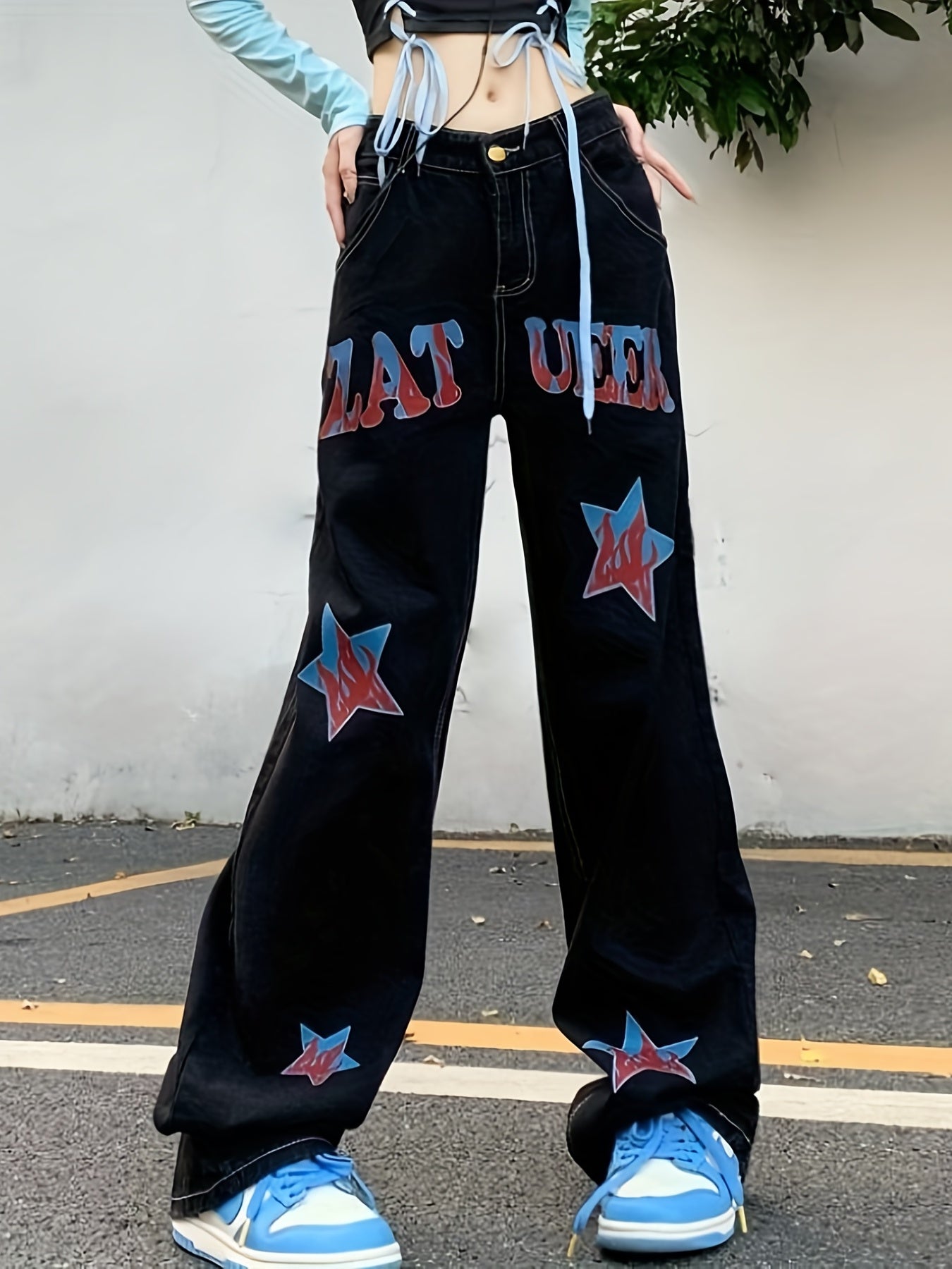Star Flame Wide Leg Jeans Retro Loose Streetwear Denim Pants