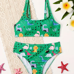 2pcs Dino Pattern Swimsuit For Girls Summer Hawaii Vacation