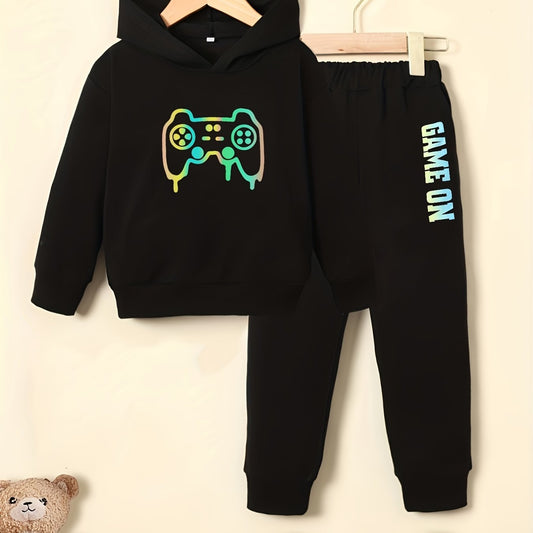 Gamepad Pattern Boy's 2pcs Hoodie & GAME ON Print Sweatpants Set