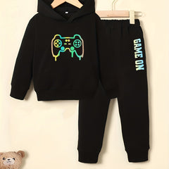 Gamepad Pattern Boy's 2pcs Hoodie & GAME ON Print Sweatpants Set