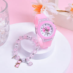 2pcs Girls' Cat Watch Set with Soft Silicone Strap & Beaded Bracelet