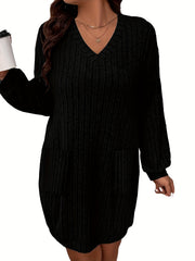 Ribbed V Neck Sweater Dress Long Sleeve Mini Dress