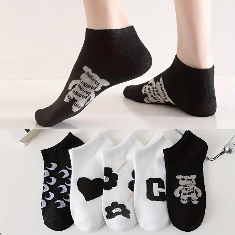 5 Pairs Letter & Floral Print Low Cut Socks for Women
