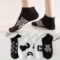 5 Pairs Letter & Floral Print Low Cut Socks for Women