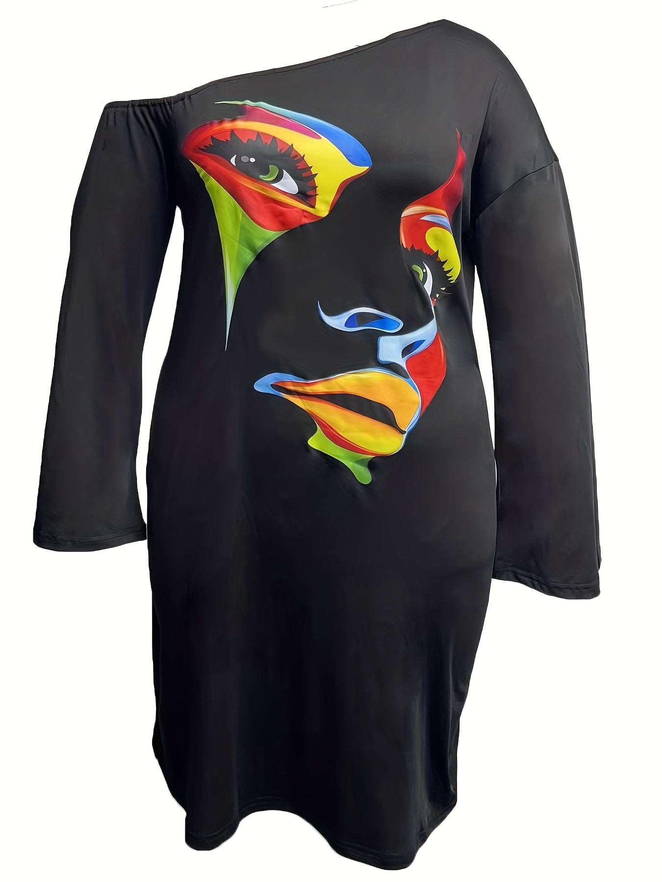 Face Print One Shoulder Long Sleeve Slight S Dress
