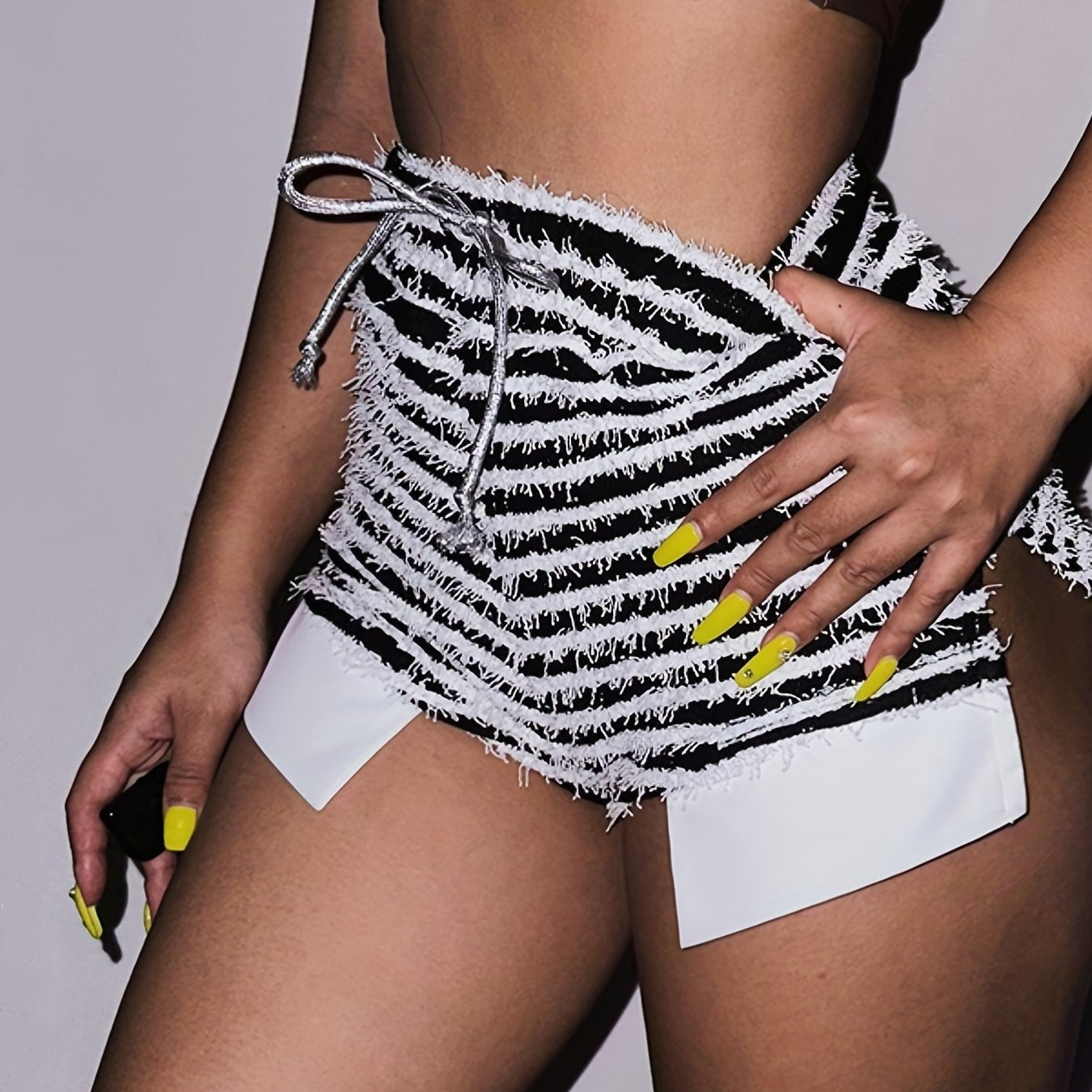 Drawstring Split Booty Shorts Sexy Striped Nightclub Shorts