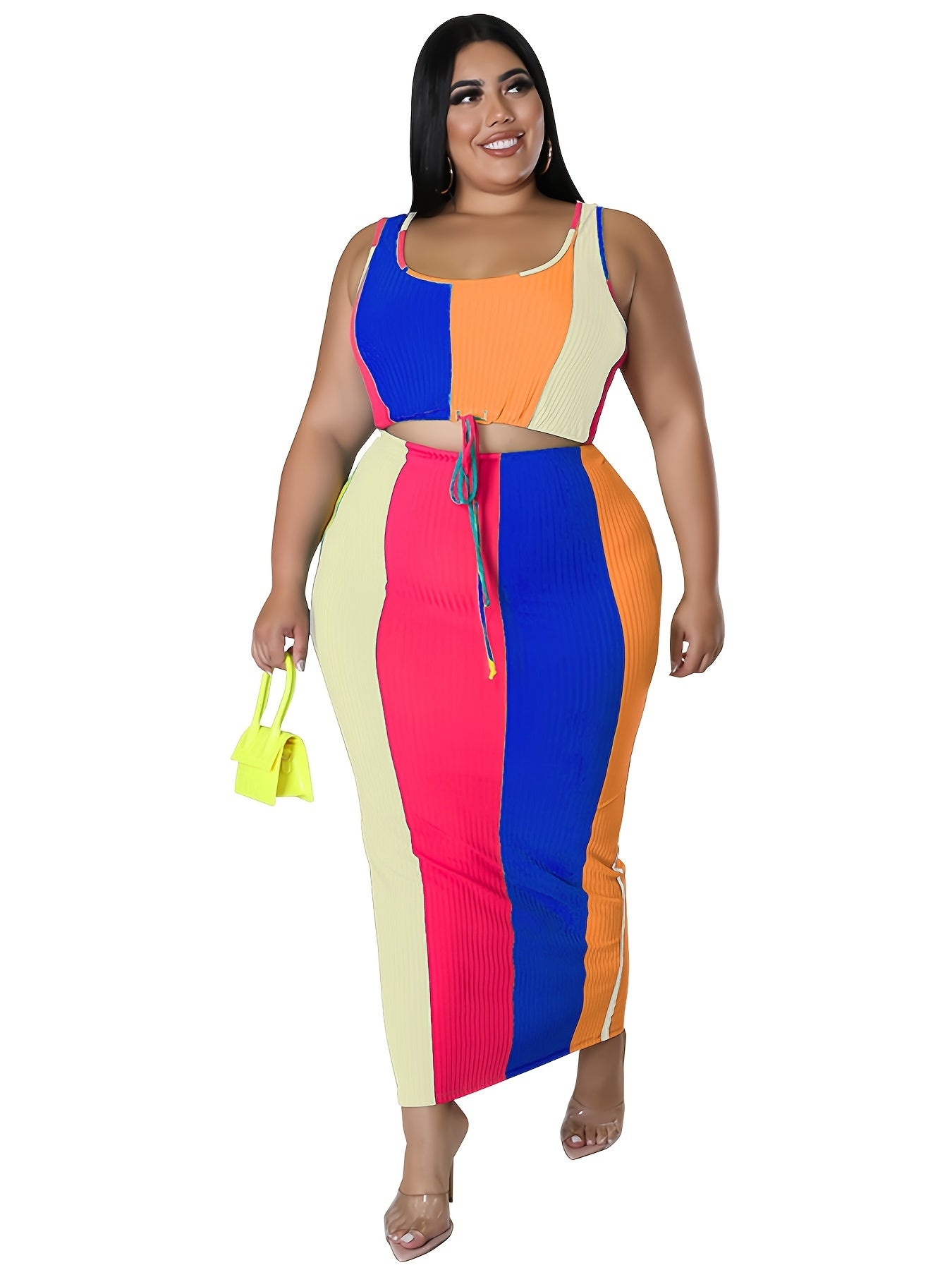 Colorblock Ribbed Tank Top & Skirt Set Women's Plus Medium Stretch 2pc