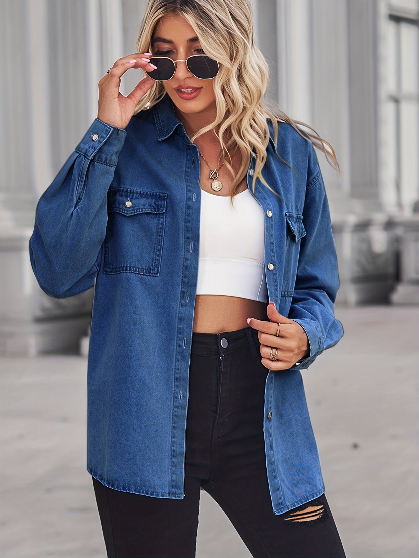 Oversized Flap Pockets Denim Jackets Long Sleeve Butt Cover Denim Coats