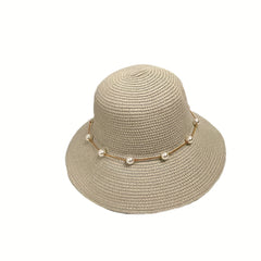 Faux Pearl Chain Bucket Hat Solid Summer Sun Hat Straw Beach Hats