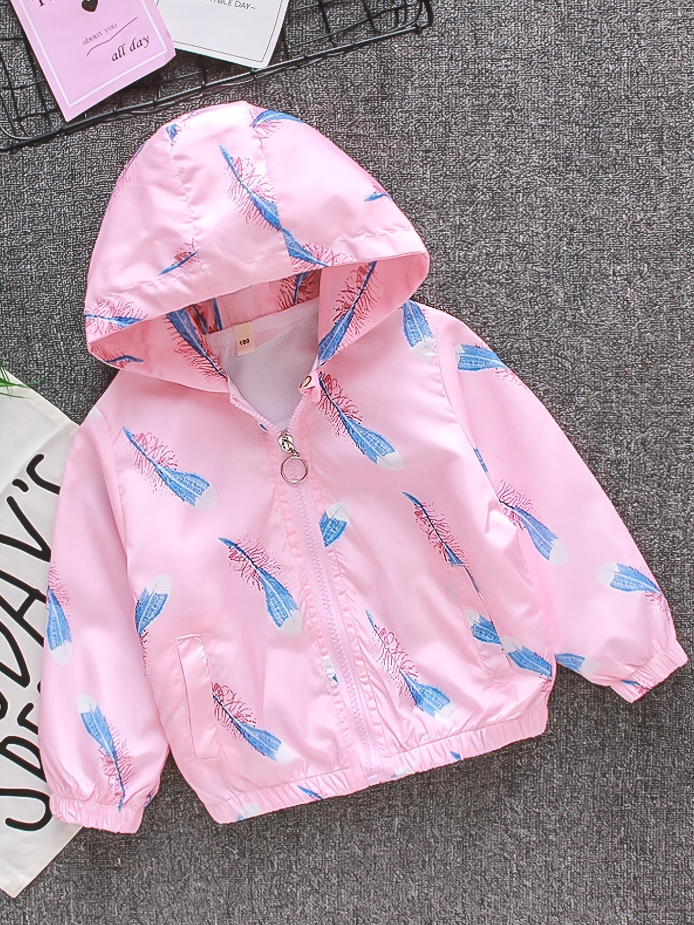 Kids Feather Print Hooded Jacket Coat with Pocket