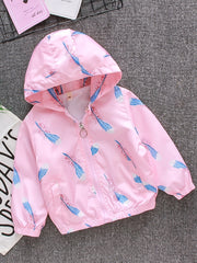 Kids Feather Print Hooded Jacket Coat with Pocket