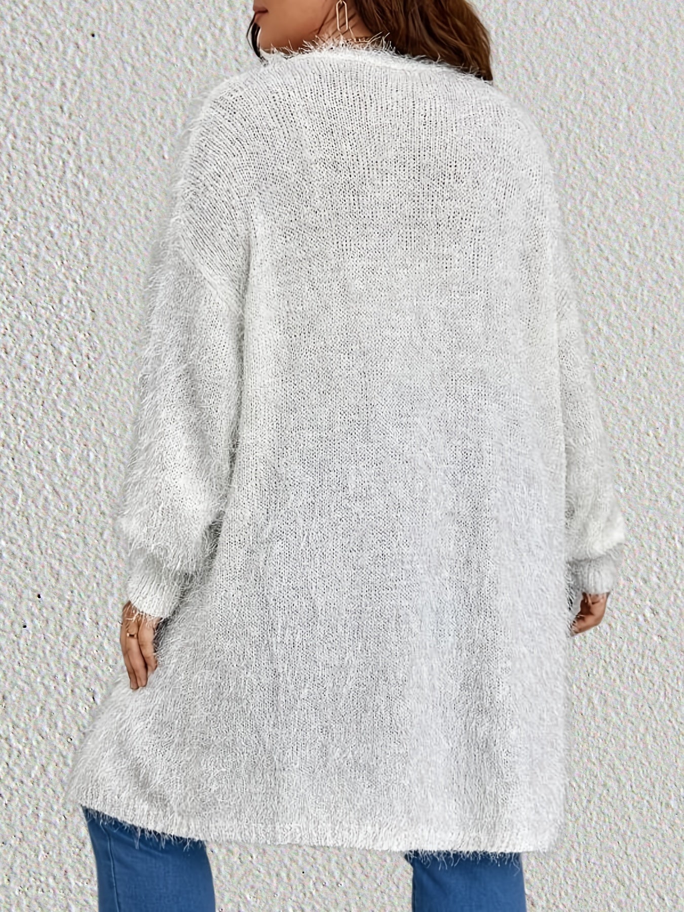 Longline Fuzzy Solid Cardigan Women's Plus Slight Stretch