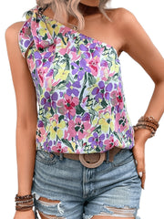 Floral Print One Shoulder Top Tie Strap Sleeveless Summer Blouse