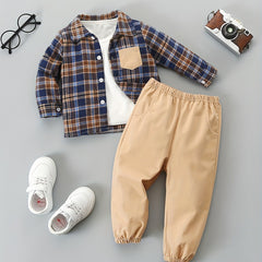 Handsome Baby Boys Plaid Shirt Pants Set Long Sleeve Top Trousers 2pcs