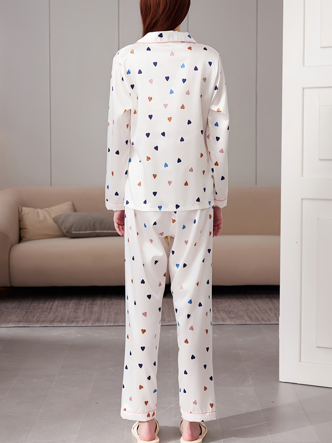Heart Print Pajama Set Long Sleeve Top & Pants