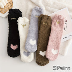 5 Pairs Heart Print Socks, Fuzzy Warm Women's Stockings