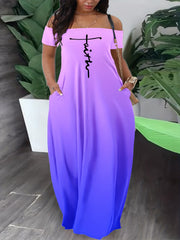 Casual Summer Dress Women's Plus Letter & Ombre Print Maxi Dress