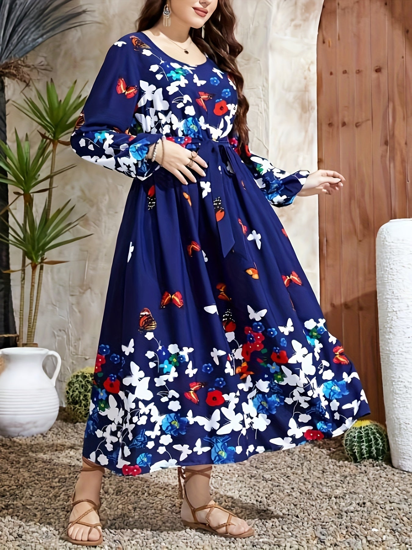 Women's Plus Butterfly & Floral Print Long Sleeve Round Neck Maxi Dress