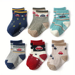 6 Pairs Baby Boys Cartoon Airplane and Car Print Crew Socks