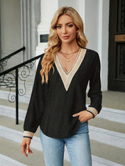 Colorblock Lace Long Sleeve V Neck Top