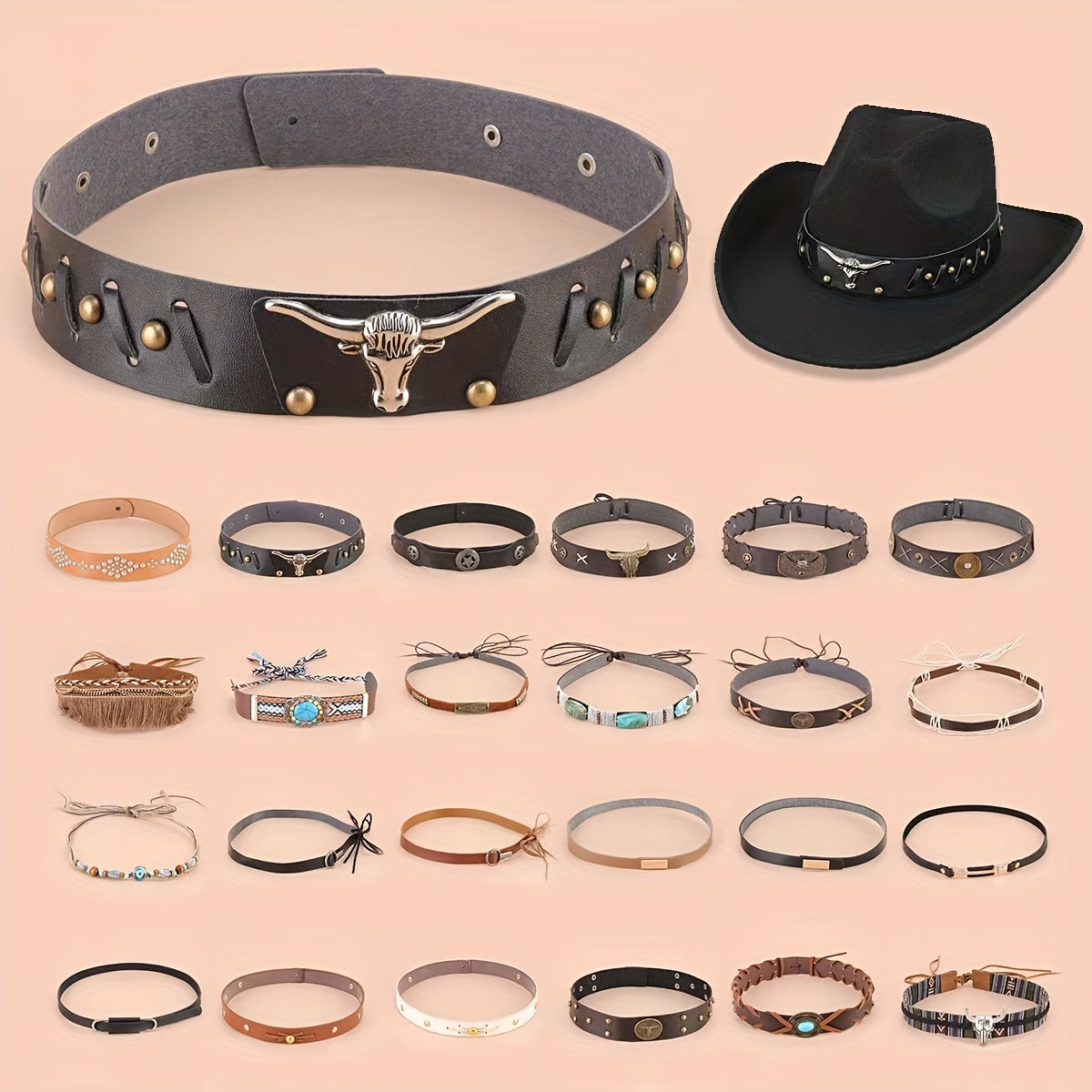 Boho Vintage Bull Head Belt Hat Strap Western Cowboy Cowgirl Hat Strap