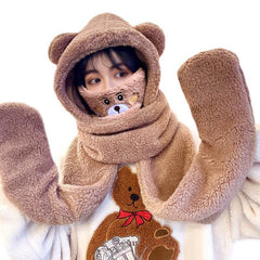 Bear Hooded Scarf Mask Gloves Set for Adults Winter Wear