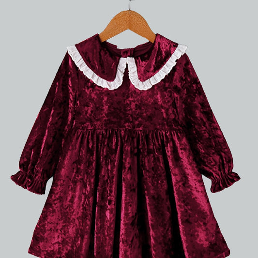 Girls Vintage Velvet Dress Long Sleeve Collared Casual Party Outfit