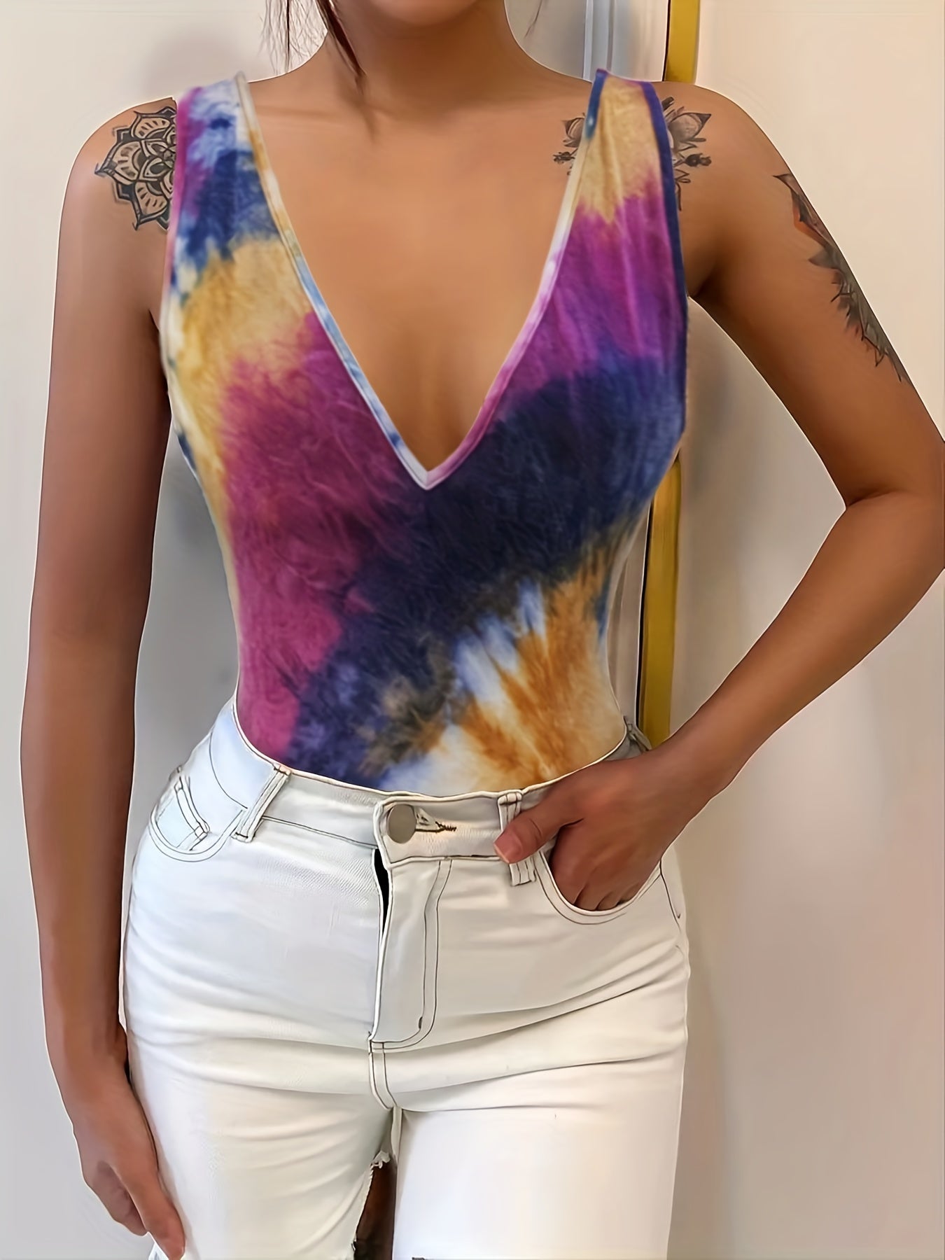 Colorful Tie Dye Plunging Tank Top Sleeveless Summer Clothing