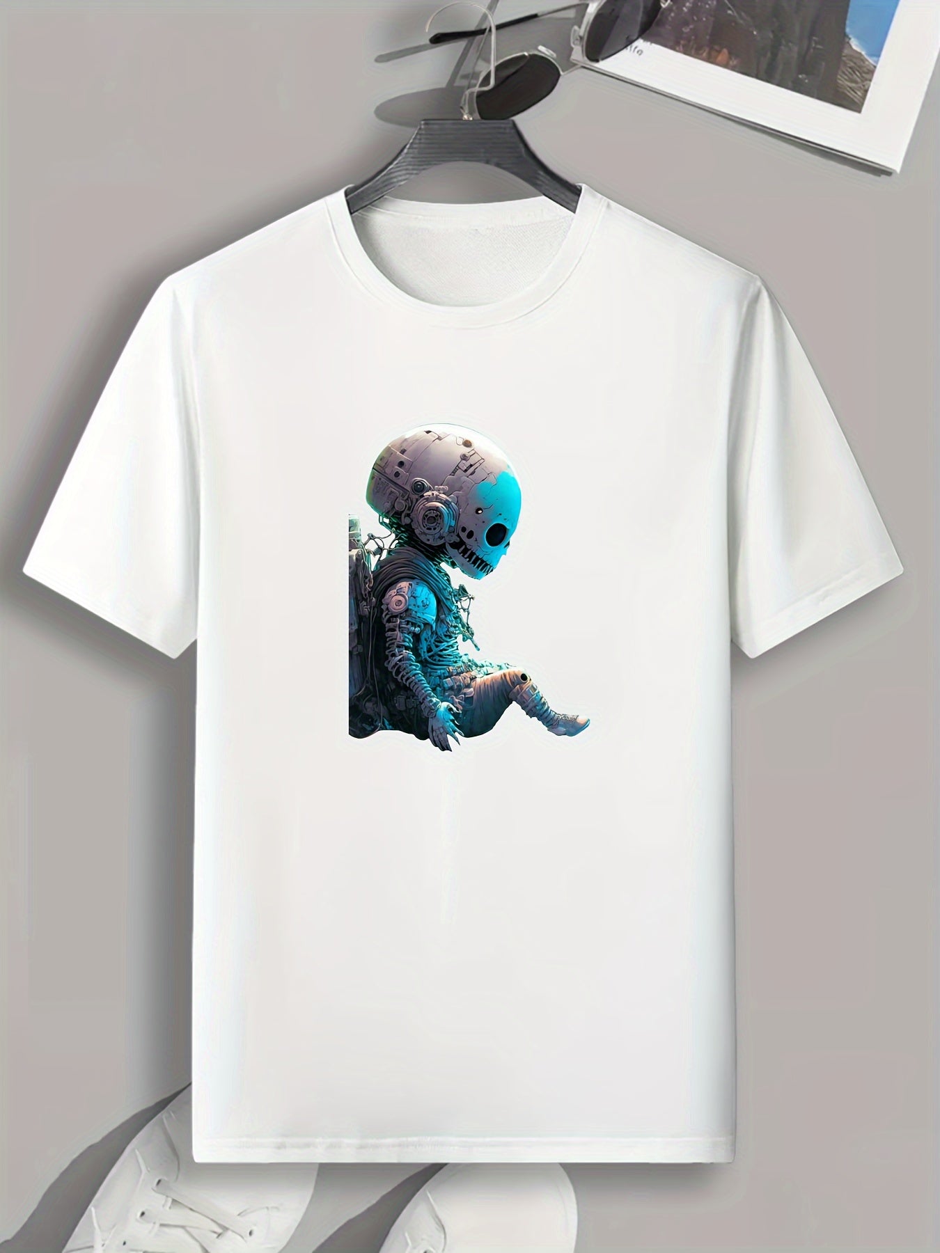 Astronaut Skull Print Men's T-shirt Stretch Breathable Tee For Summer