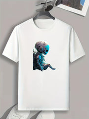 Astronaut Skull Print Men's T-shirt Stretch Breathable Tee For Summer