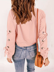 Solid Crew Neck Crop Sweatshirt Lace Up Long Sleeve