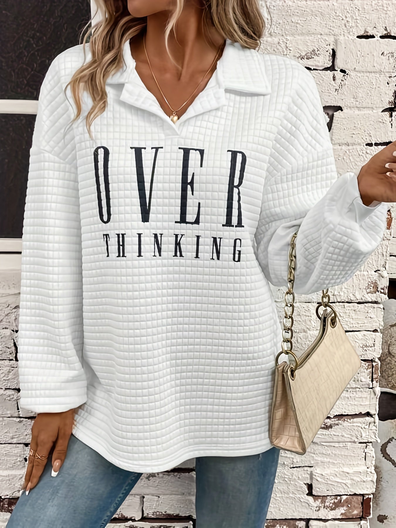 Letter Print Lapel Neck Sweatshirt Casual Long Sleeve Loose