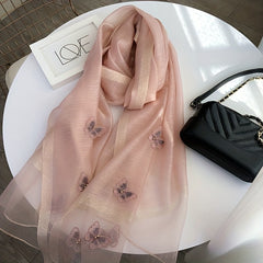 Plaid Pattern Scarf Butterfly & Faux Pearl Decor Shawl Wrap Head Wrap