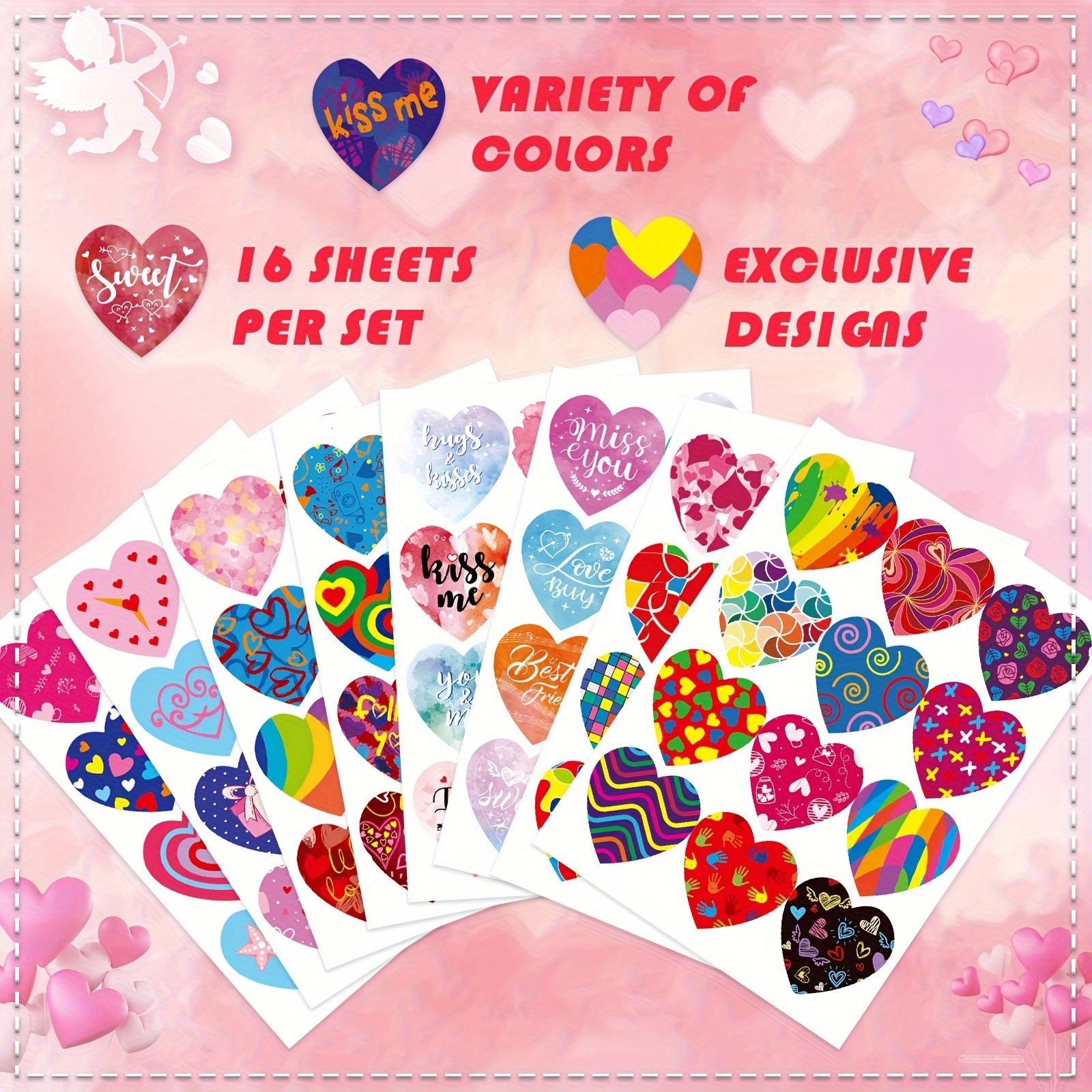 Heart Shaped Envelope Seal Stickers for Gifts, 16 Sheets