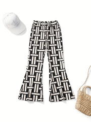 Girls Ribbed Geometric Flare Leg Pants Elastic Waist Casual
