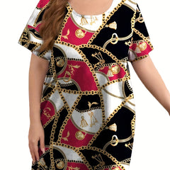 Colorblock Chain Print Round Neck Sleep Dress