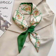 Green Floral Print Skinny Scarf Silk Ribbon Necktie Neckerchief