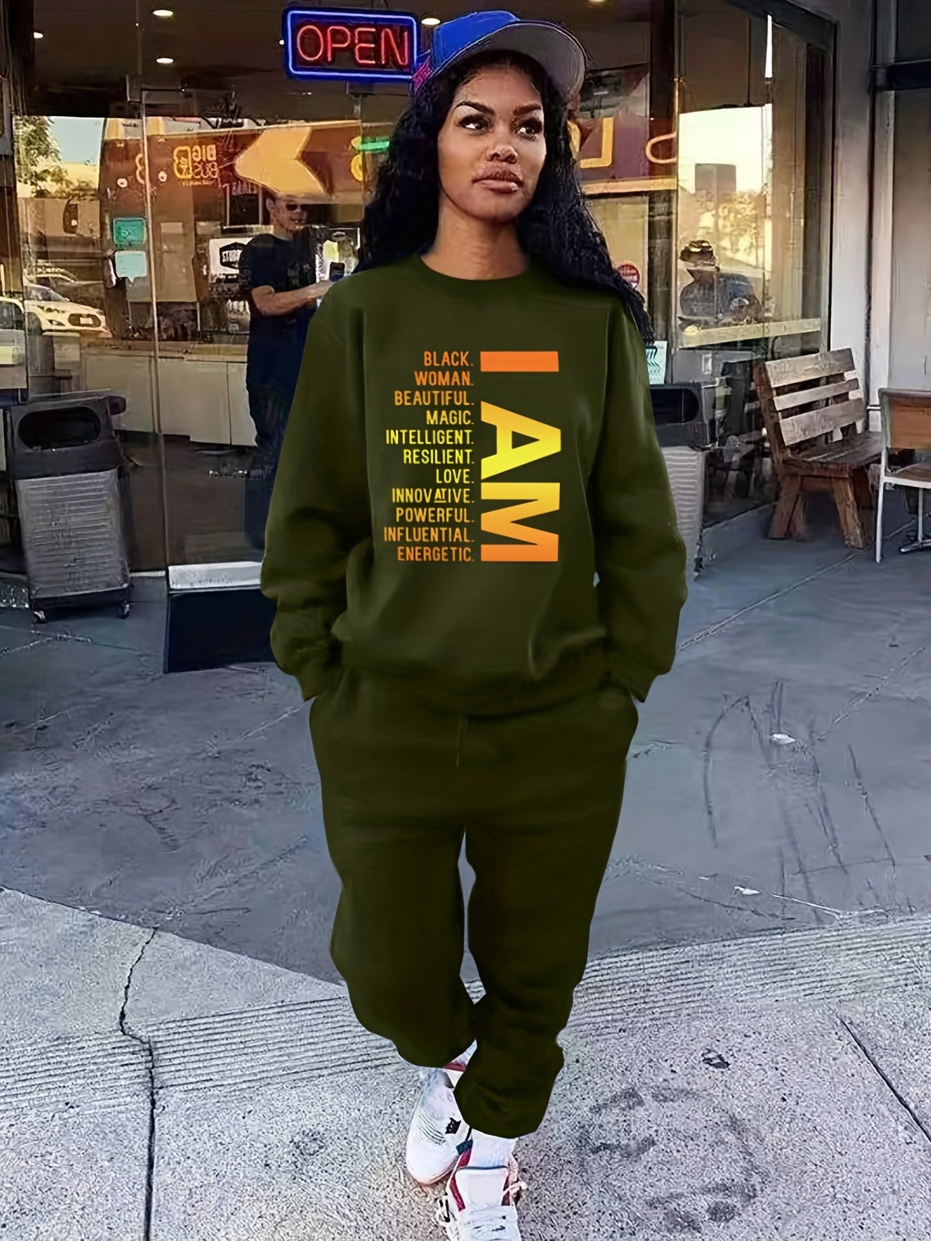 Letter Print Long Sleeve Top & Drawstring Solid Joggers Set