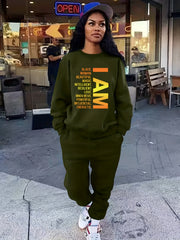 Letter Print Long Sleeve Top & Drawstring Solid Joggers Set