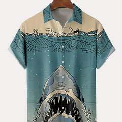 Shark Print Casual Hawaiian Shirt - Men's Summer Vacation Resort Top