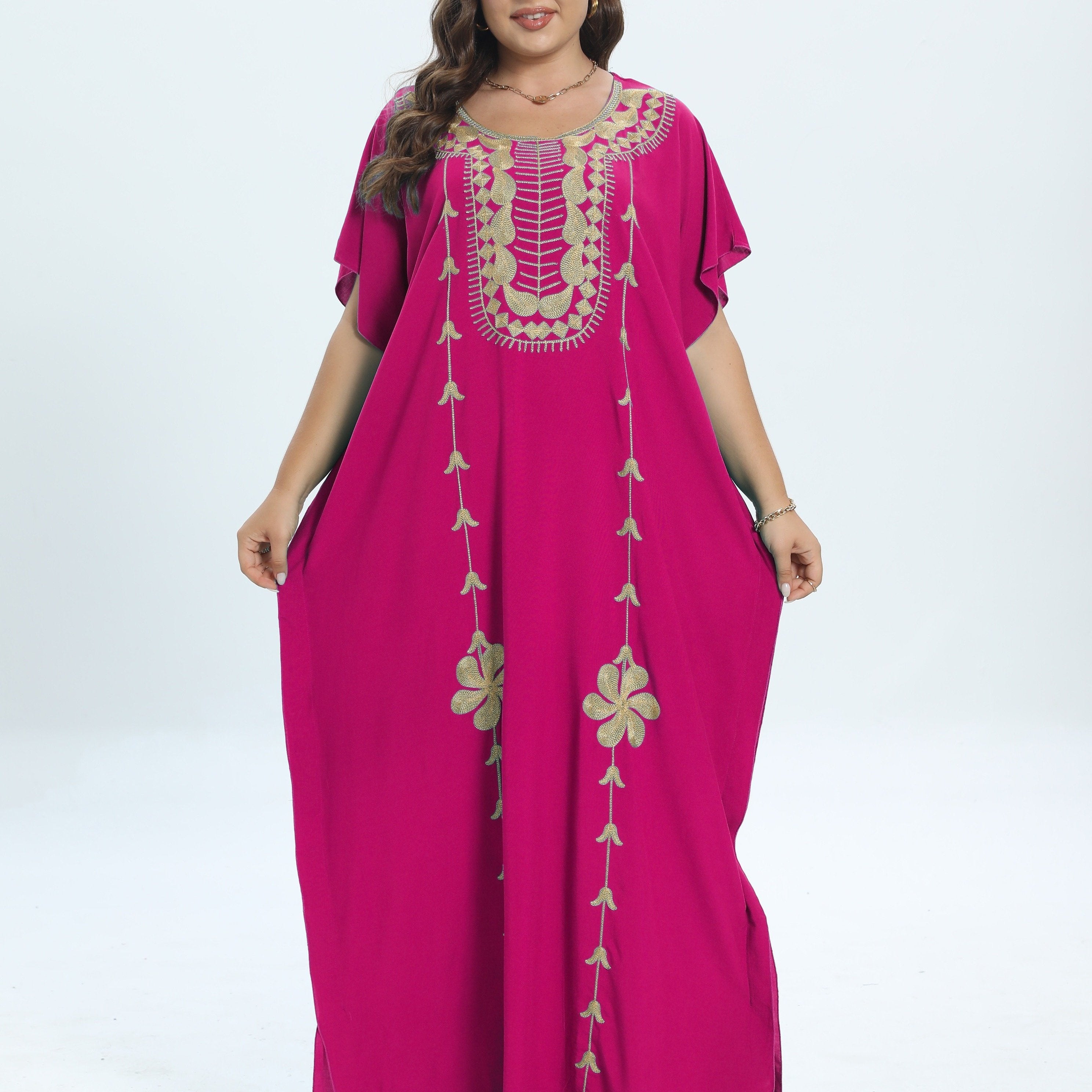 Casual Kaftan Dress Women's Plus Colorblock Floral Embroidery Maxi Dre