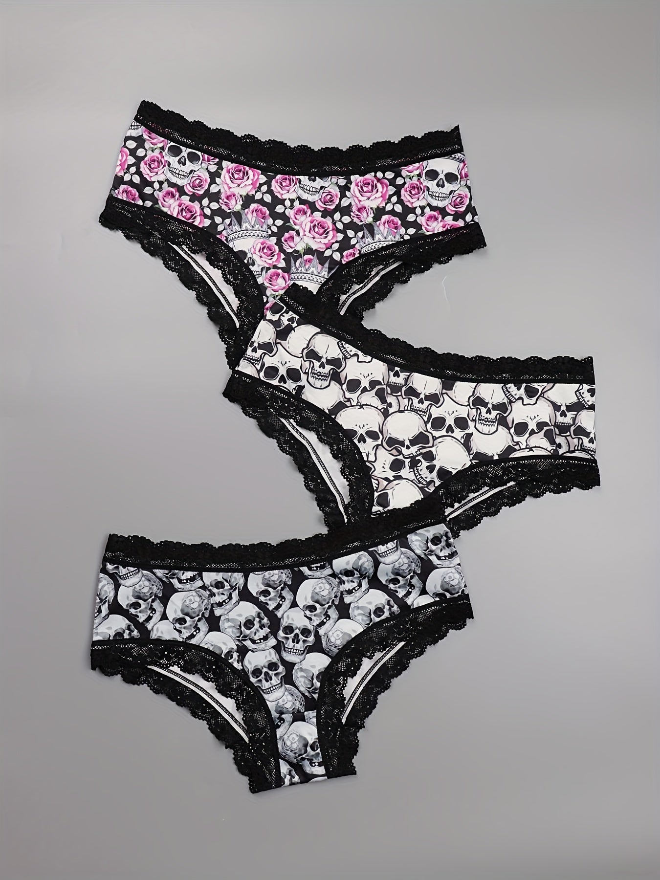 3 Pack Plus Size Gothic Skull & Rose Print Lace Trim Panties Set