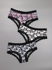 3 Pack Plus Size Gothic Skull & Rose Print Lace Trim Panties Set